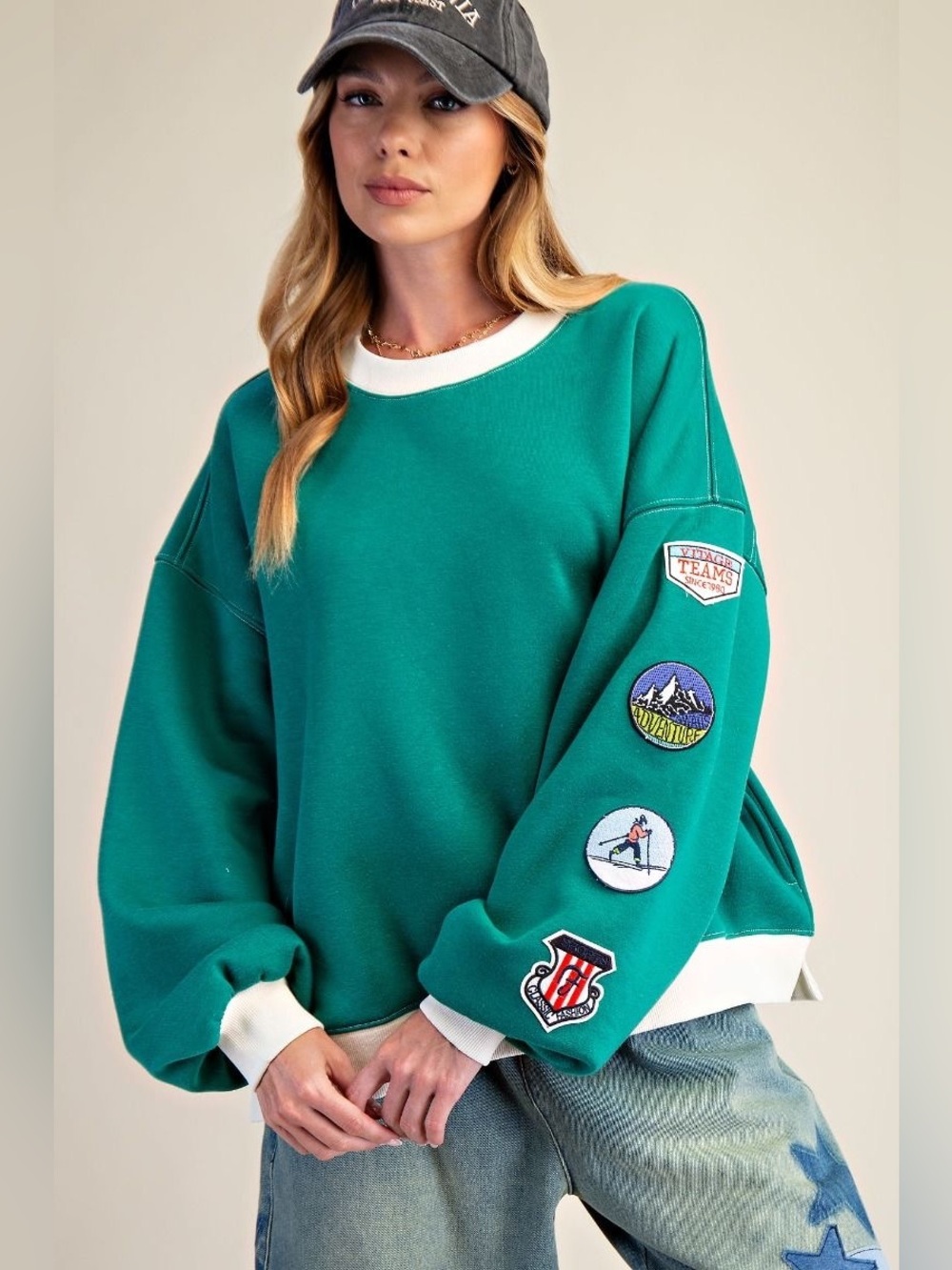 Easel Emerald Green Boxy Soft Washed Terry Pullover
